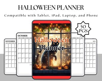 May include: A digital Halloween Planner displayed on a tablet, featuring a black cat in a window with pumpkins. The planner includes calendar pages for October, November, and 2025. The text reads "Halloween Planner" and "50 PGS".