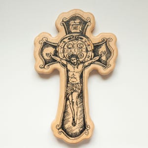 Saint Benedict Crucifix, Wooden St. Benedict Cross, Catholic Crucifix for Wall, Baptismal Gift Idea, Confirmation Gift Idea, Catholic Gift