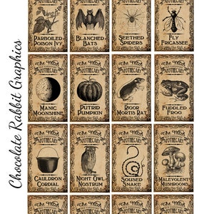 Halloween Witch Aged Apothecary Potion Labels Digital Download Bottle Jar Tags Vintage Style Image Clip Art Printable Collage Sheet image 1