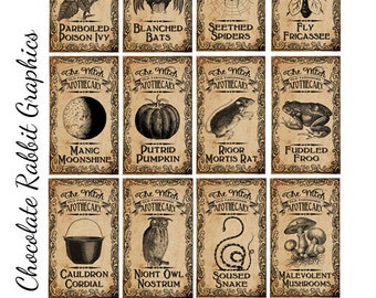 Halloween Witch Aged Apothecary Potion Labels Digital Download Bottle Jar Tags Vintage Style Image Clip Art Printable Collage Sheet