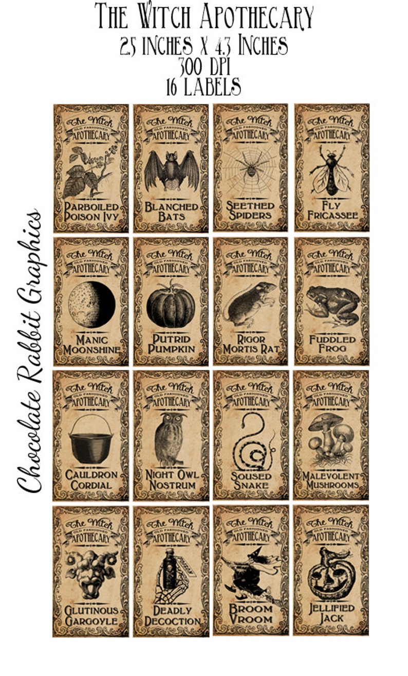 Halloween Witch Aged Apothecary Potion Labels Digital Download Bottle Jar Tags Vintage Style Image Clip Art Printable Collage Sheet image 1