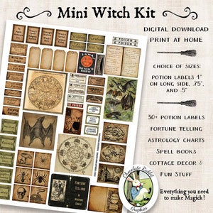 Effimera del diario di Halloween in miniatura, Clipart strega digitale, dimensione casa delle bambole stampabile