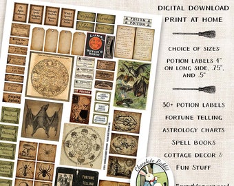 May include: A digital printable witch kit with a variety of images, including potion labels, fortune telling charts, spell books, and cottage decor. The kit includes 30+ potion labels, fortune telling charts, astrology charts, spell books, cottage decor, and fun stuff. The images are in a vintage style with a brown and white color scheme. The text on the image reads "Mini Witch Kit", "Digital Download", "Print at Home", "Choice of Sizes: Potion Labels 1" on long side, .75" and .5", "30+ Potion Labels", "Fortune Telling", "Astrology Charts", "Spell Books", "Cottage Decor & Fun Stuff", "Everything you need to make Magick!" and "Chocolate Rabbit Graphics".