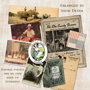 May include: A collage of vintage images with a farm theme. The images include a hay wagon, a farmer, a barn, cows, and a farm magazine. The text on the magazine reads "The Elm County Farmer Serving the Farm Community Since 1930".