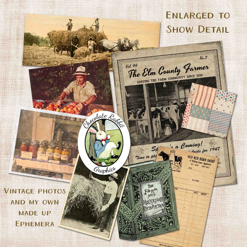 May include: A collage of vintage images with a farm theme. The images include a hay wagon, a farmer, a barn, cows, and a farm magazine. The text on the magazine reads "The Elm County Farmer Serving the Farm Community Since 1930".