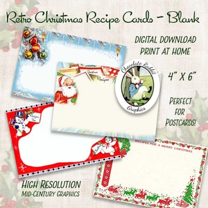 Vintage Christmas Recipe Cards, Digital Christmas Clipart, Reproduction Retro Christmas Cards, Printable Recipe Cards, Christmas Postcards