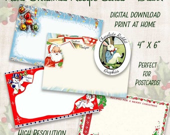 Puede incluir: Cuatro tarjetas de recetas de Navidad imprimibles con un diseño retro. Cada tarjeta presenta una ilustración festiva diferente, incluyendo un muñeco de nieve, Santa Claus, un conejo y un reno. Las tarjetas miden 10,16 cm por 15,24 cm y son perfectas para crear recetas navideñas personalizadas.