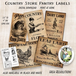 Primitive Country Store Pantry Labels, Printable Kitchen Labels, Digital Vintage Style Tags, Image Transfer, Pantry Tags, Country Decor