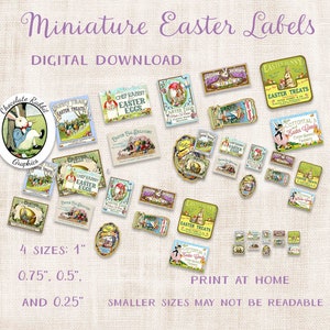 May include: A digital download of vintage-style Easter labels in four sizes: 1 inch, 0.75 inch, 0.5 inch, and 0.25 inch. The labels feature illustrations of bunnies, eggs, and other Easter-themed imagery. The labels are perfect for adding a touch of vintage charm to your Easter crafts and decorations.