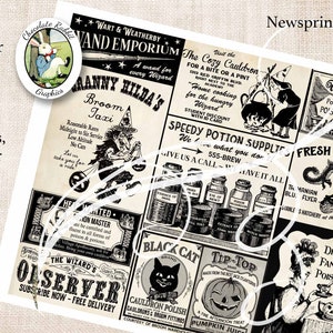 Halloween Witch Advertisement Sheet, Halloween Junk Journal Ephemera, Scrapbook Clip Art, Wizard Party Placemat image 3