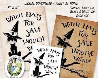 Halloween Witch Hat Printable Sign, Vintage Digital Download, Halloween Clipart, Black Cat Clip Art, Witch Sign, Image Transfer, Wall Art