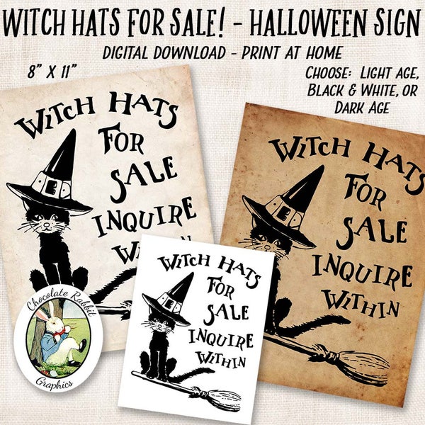 Halloween Witch Hat Printable Sign, Vintage Digital Download, Halloween Clipart, Black Cat Clip Art, Witch Sign, Image Transfer, Wall Art