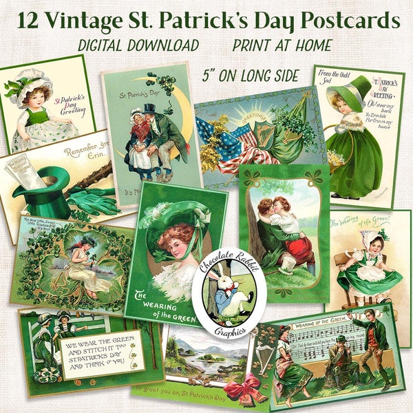 Vintage St. Patricks Day Postcards, Digital Download, Printable St. Patricks Cards, St. Patricks Collage Sheet, Image Transfer