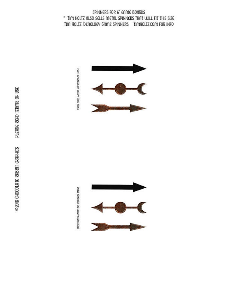 May include: Three metal game spinners with arrow designs. The spinners are rusty brown and black. The text "PRINT SPINNERS ON HEAVY CARD STOCK" is visible on the right side of the image.