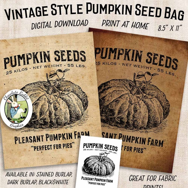 Vintage Style Pumpkin Seed Print, Primitive Pumpkin Sign Download, Country Kitchen Wall Decor, Feedsack Feed Sack Clip Art