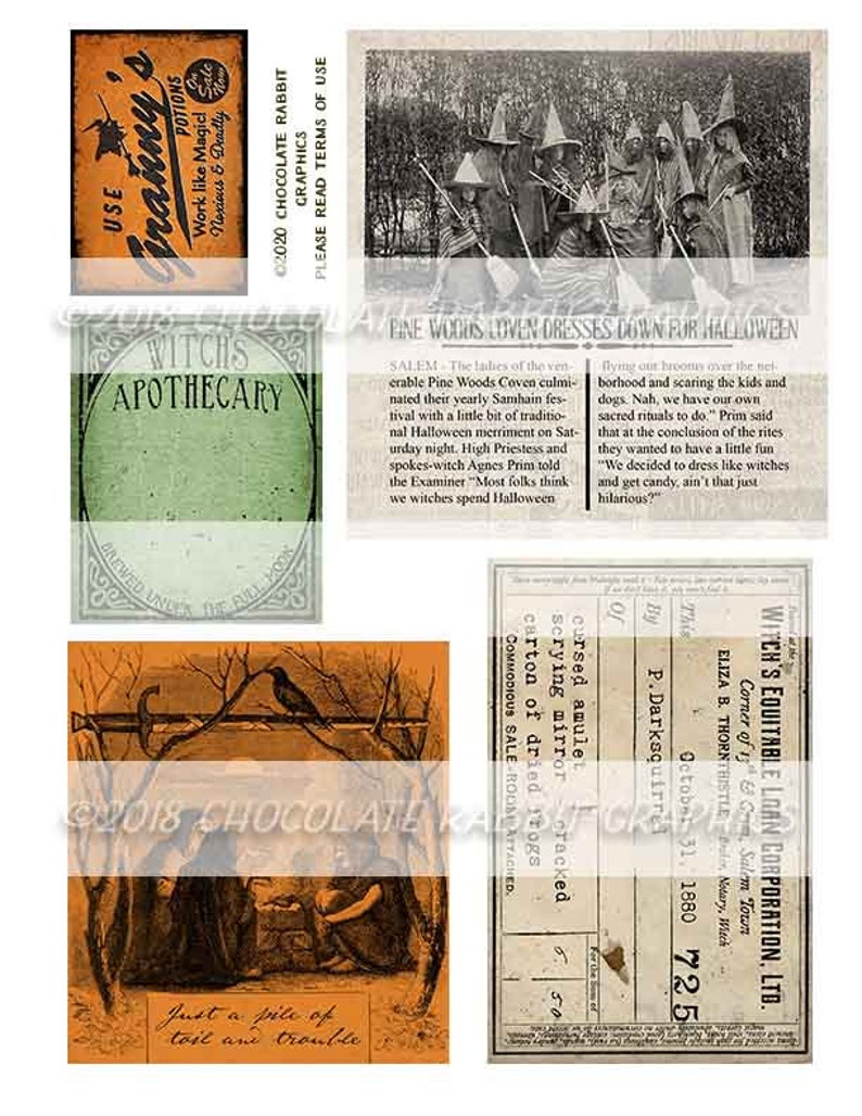 Halloween Witch Ephemera Kit, Junk Journal Digital Download, Vintage Spell Book Clip Art image 7