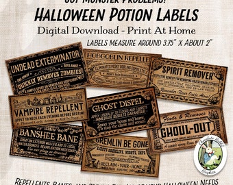 Puede incluir: Un conjunto de etiquetas de poción de Halloween imprimibles con ilustraciones y texto de estilo vintage. Las etiquetas están diseñadas para usar en botellas o frascos y tienen nombres como "Exterminador de muertos vivientes", "Repelente de vampiros" y "Maldición de banshee". Las etiquetas miden aproximadamente 9,5 cm por 5 cm.