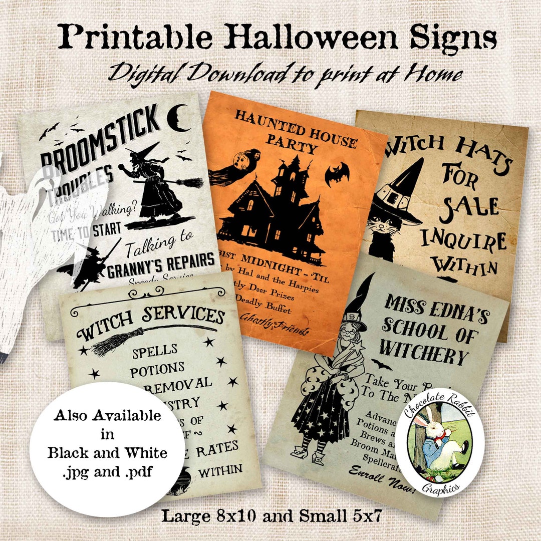 Halloween Sign Party Decorations, Digital Witch Printables, Set of 5 Different Designs Etsy