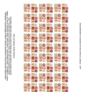 May include: A printable sheet of 100 vintage Valentine's Day candy labels. The labels feature a variety of designs, including hearts, flowers, and candy. The labels are perfect for adding a touch of vintage charm to your Valentine's Day treats.