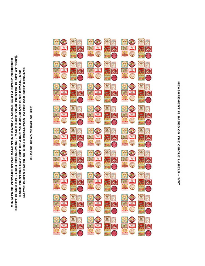 May include: A printable sheet of 100 vintage Valentine's Day candy labels. The labels feature a variety of designs, including hearts, flowers, and candy. The labels are perfect for adding a touch of vintage charm to your Valentine's Day treats.