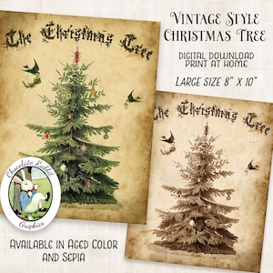 Christmas Tree Sign Poster Vintage Style Digital Download Printable Label Tag Image Clip Art Fabric Transfer Scrapbook Graphics Sheet