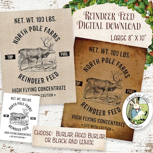 Segno di cibo della renna, stile Vintage alimentazione Sack, Natale Download digitale, Printable Natale segno, etichetta Tag tessuto trasferimento Clip Art