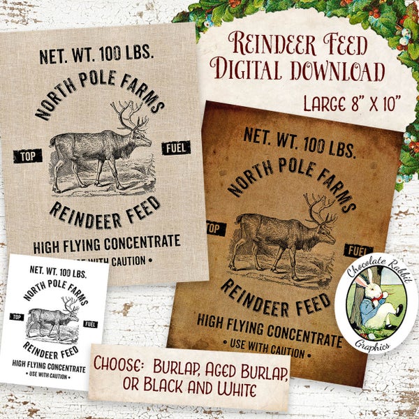 Reindeer Food Sign, Vintage Style Feed Sack, Christmas Digital Download, Printable Christmas Sign, Label Tag Fabric Transfer Clip Art