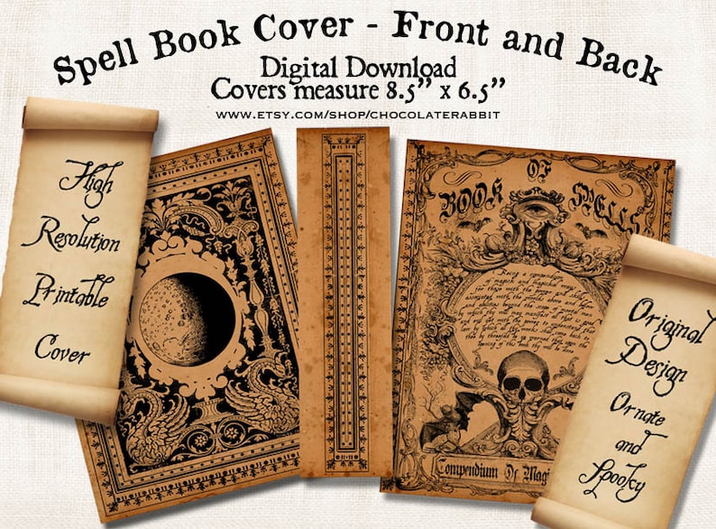 Halloween Witch Spell Book Cover, Printable Junk Journal Cover, Scrapbook Ephemera Digital Download 