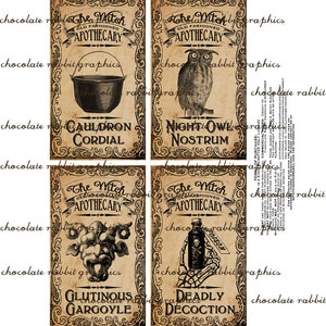 Halloween Witch Aged Apothecary Potion Labels Digital Download Bottle Jar Tags Vintage Style Image Clip Art Printable Collage Sheet image 2