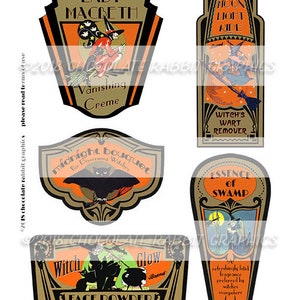 May include: Six vintage Halloween-themed labels featuring witches, bats, and moons. The labels are in gold, black, and orange with text that reads "Lady Macbeth", "Vanishing Creme", "Midnight Bouquet", "Moon Light Ride", "Witch's Wart Remover", and "Essence of Swamp".