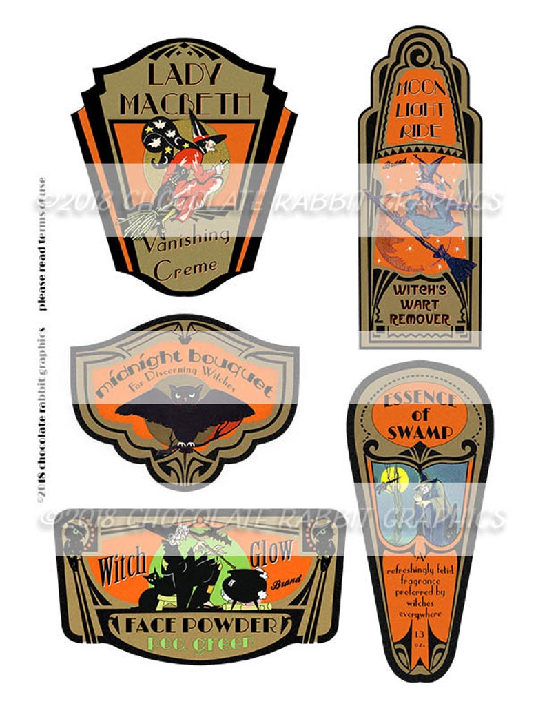 May include: Six vintage Halloween-themed labels featuring witches, bats, and moons. The labels are in gold, black, and orange with text that reads "Lady Macbeth", "Vanishing Creme", "Midnight Bouquet", "Moon Light Ride", "Witch's Wart Remover", and "Essence of Swamp".
