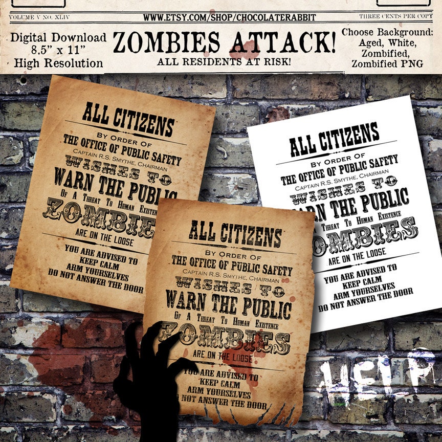 Zombie Warning Halloween Vintage Digital Download Printable Sign Post…