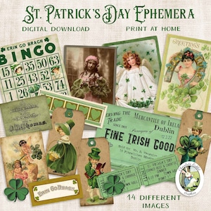 St Patricks Day Ephemera, Printable Junk Journal Collage Sheet, Digital Scrapbook Clip Art, Set of 14 Images, Digital Clipart