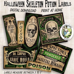 Halloween Skeleton Potion Bottle Labels, Digital Download, Vintage Style Halloween Tags, Halloween Decorations, Halloween Clipart