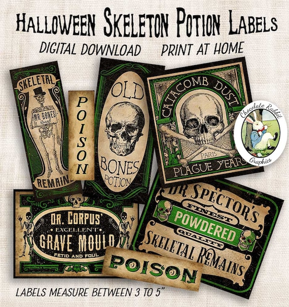 Vintage Halloween Potion Bottle Labels: Skeleton Clipart (Digital Download)