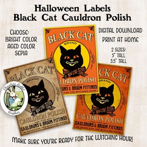 May include: Three printable Halloween labels featuring a black cat with a yellow background and the text "Black Cat Brand Cauldron Polish for Cauldrons & Broom Fittings Be Ready for the Witching Hour!" The labels are available in two sizes: 5 inches tall and 3.5 inches tall.