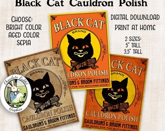 Halloween Potion Labels Cauldron Polish Vintage Style Digital Download Printable Black Cat Clip Art Halloween Tags