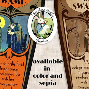 May include: A vintage-style label for a product called "Swamp" featuring a witch with a black cat in a moonlit forest. The label is available in color and sepia. The text reads "A refreshingly fetid fragrance preferred by witches everywhere."