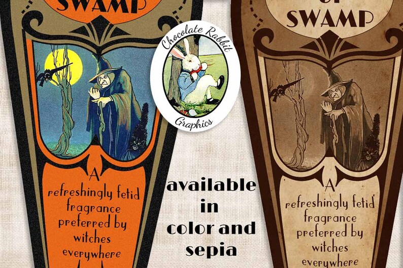May include: A vintage-style label for a product called "Swamp" featuring a witch with a black cat in a moonlit forest. The label is available in color and sepia. The text reads "A refreshingly fetid fragrance preferred by witches everywhere."