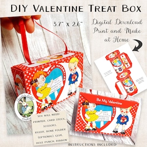 Valentine Candy Box, Digital Valentine Treat Box, Printable Candy Container, DIY Vintage Valentine Ornament, Box Template