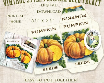May include: Printable vintage style pumpkin seed packet with a 3.5" x 2.5" design. The packet features a pumpkin illustration and the text "Pumpkin Seeds".