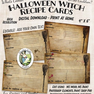 Witch Halloween Recipe Cards Blank Editable Digital Download Printable Tags Scrapbook Primitive Graphic Image Clip Art Party Decorations