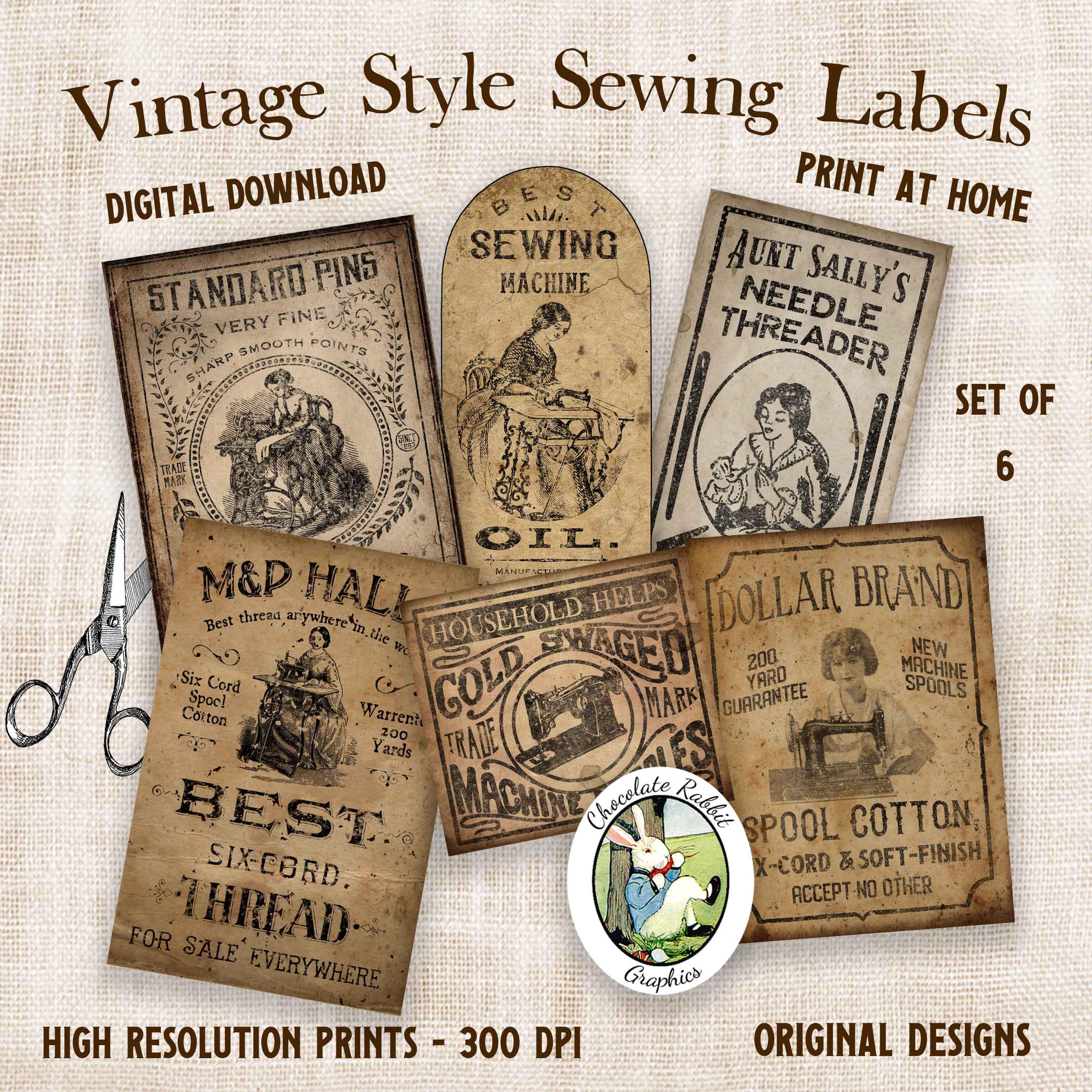 Vintage Sewing Labels, Primitive Digital Download Ephemera