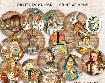 Printable Alice in Wonderland Circles, Digital 2" 3" Circle Stickers, Junk Journal Ephemera, Scrapbook Collage Sheet