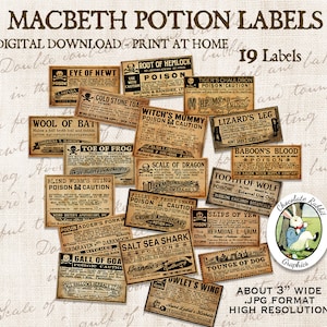 Op de afbeelding: Negentien afdrukbare potion-etiketten met vintage-geïnspireerde ontwerpen. Elk etiket heeft een andere potion-naam, ingrediënt en waarschuwing. De etiketten zijn ongeveer 7,6 cm breed en zijn van hoge resolutie.