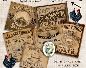 May include: Vintage style printable labels for breakfast foods. The labels feature images of food and text such as "Dixie Mai", "Diner Delight", "Jersey Queen", "Early Bird", "Tea Cup", and "Finest Tea for Company".
