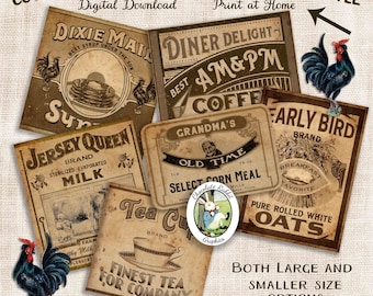 Country Labels, Breakfast, Digital Download, Printable Journal Scrapbook Ephemera, Vintage Style