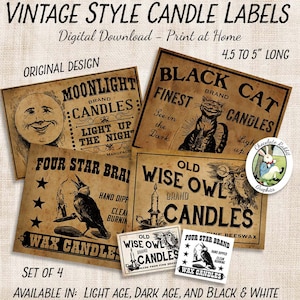 Candle Labels, Primitive Country Decor, Vintage Digital Download, Printable Labels, Candle Jar Tags, Crow Black Cat Owl Image Transfer