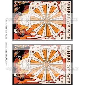 May include: A vintage Halloween fortune teller wheel featuring a black cat and a witch. The wheel has a variety of fortunes written on it, such as "You will find true love", "Fame, riches, and romance", and "You have a heart of gold".