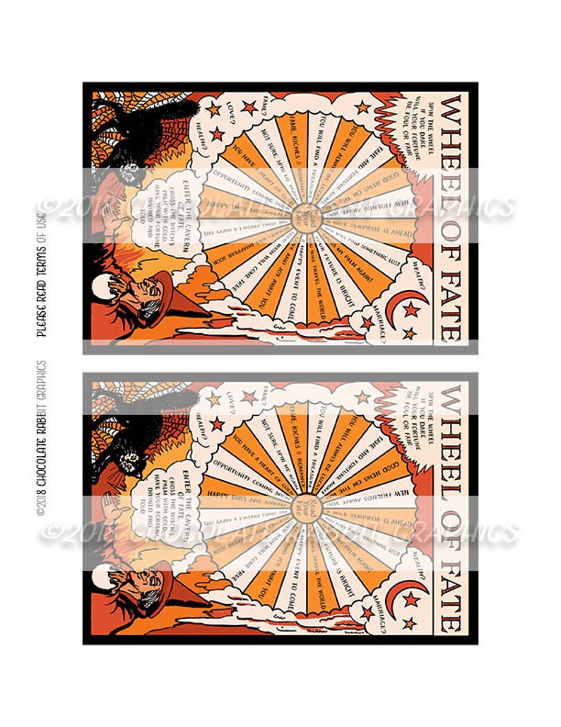 May include: A vintage Halloween fortune teller wheel featuring a black cat and a witch. The wheel has a variety of fortunes written on it, such as "You will find true love", "Fame, riches, and romance", and "You have a heart of gold".